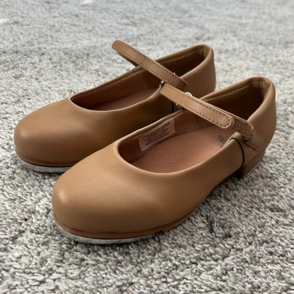 Classic Tan Kids Maryjane Hook & Loop Strap Vegan Leather Dance Tap Shoes